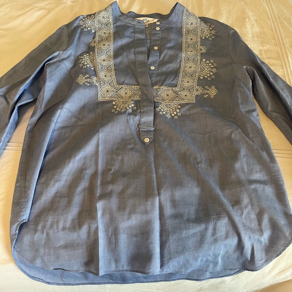 Embroidered blue popover button down shirt, brand Athe purchase at J. Crew